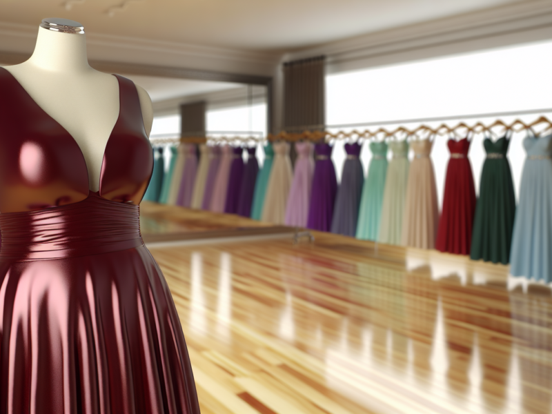 Elegant burgundy satin prom dress displayed on a mannequin inside a modern boutique with colorful formal gowns arranged in the background.