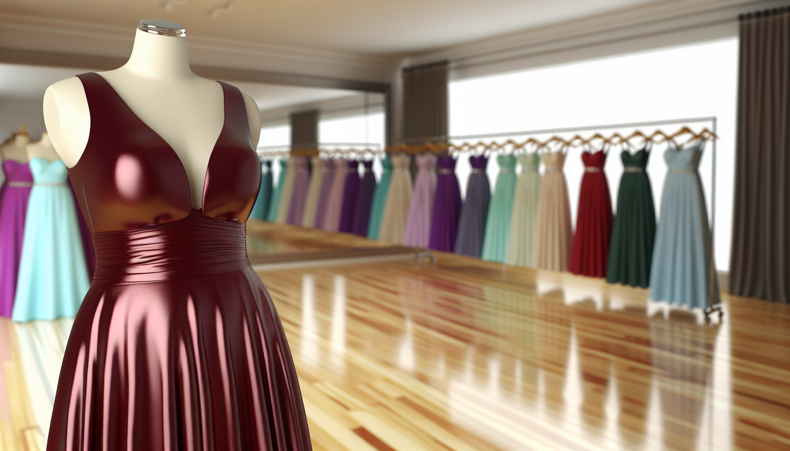 Elegant burgundy satin prom dress displayed on a mannequin inside a modern boutique with colorful formal gowns arranged in the background.