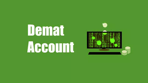 Illustration of a Demat account with computer screen, digital financial data, and stacked coins